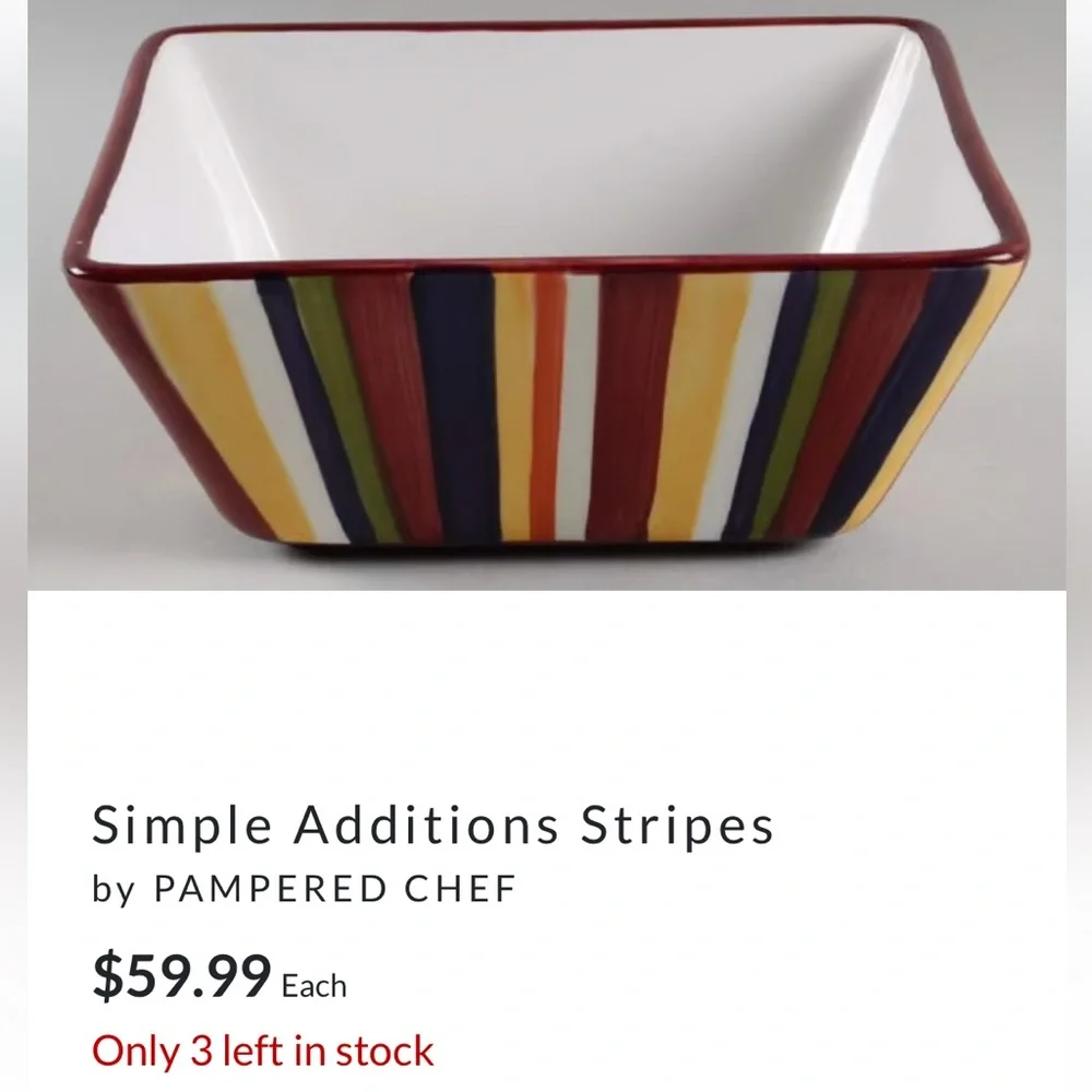 Pampered Chef Simple Additions Square Serving Bowl Stripes 7 1/4” x 3”